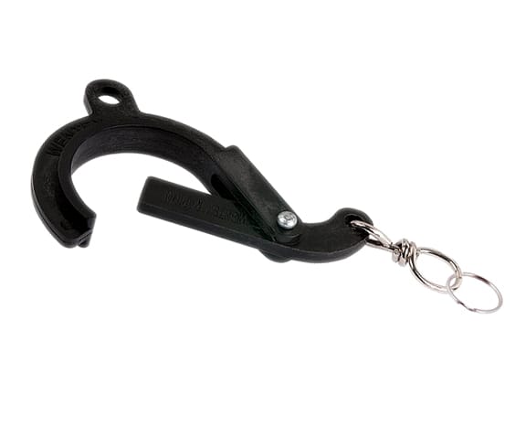 Zwarte backdrophaak met sleutelring om een doek aan een truss of stang te hangen