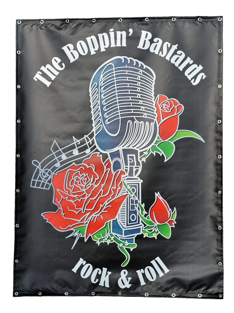 Staand frontlit-spandoek met een retro microfoon en rozen op zwart, ringen rondom