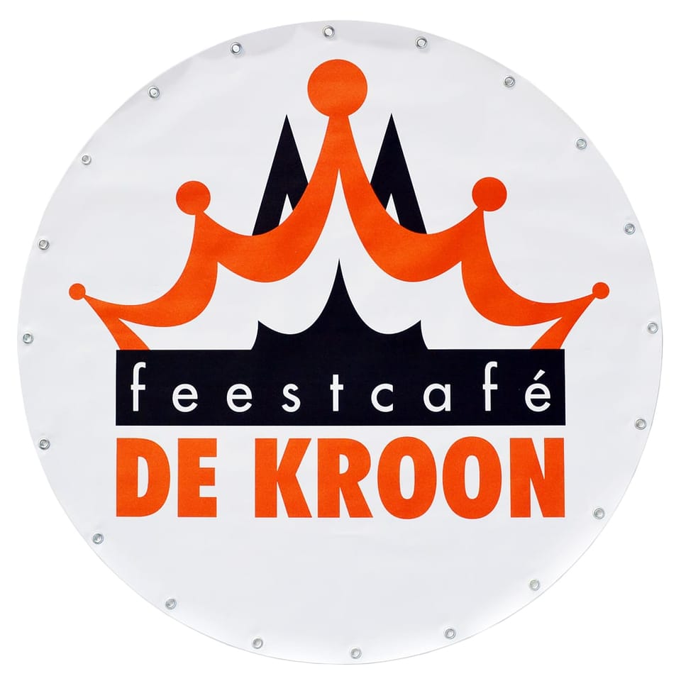 Rond frontlit-spandoek met een oranje kroonlogo en ringen langs de rand