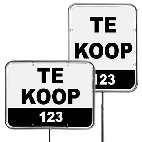 Makelaarsborden 'Te koop' in liggend en staand formaat in een stalen frame