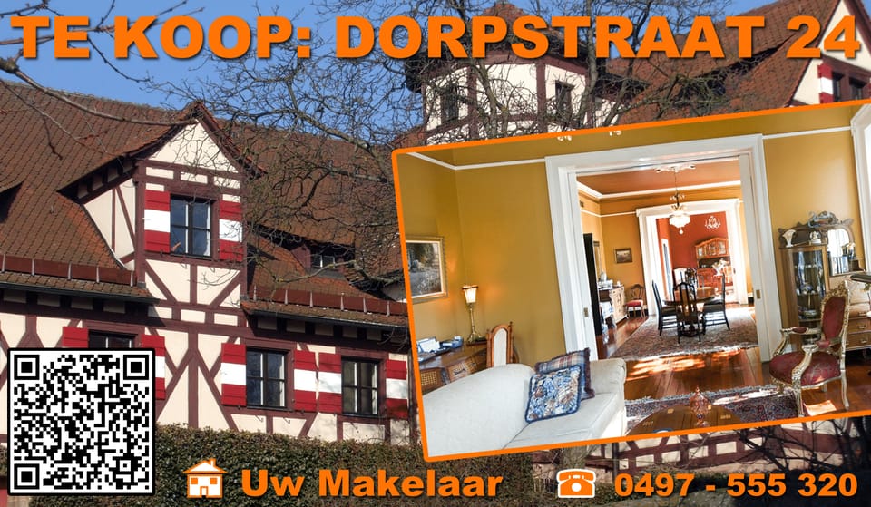 Voorbeeld van een makelaarsspandoek: 'Te koop' met woningfoto's, QR-code en telefoonnummer