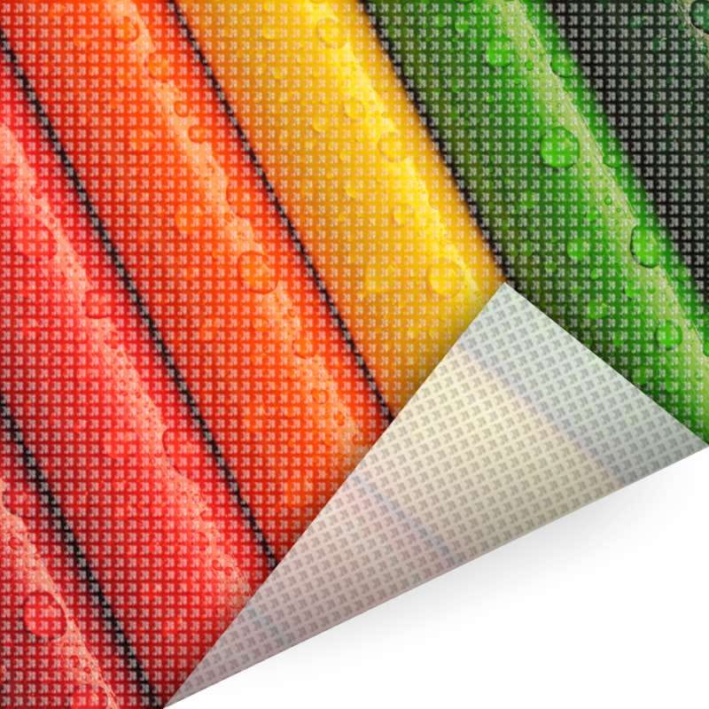 Banen speaker-mesh in rood, oranje, geel en groen met zichtbaar open raster