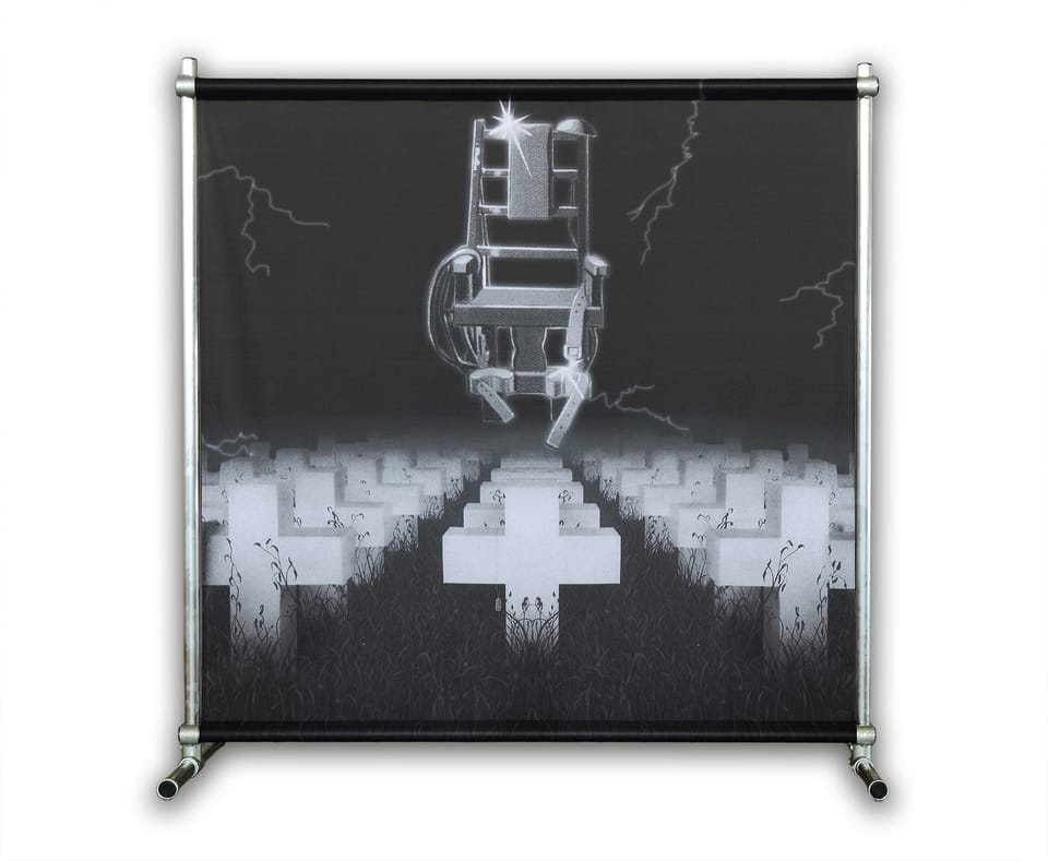 Stagebanner van 2 × 2 meter in een buisframe met een zwart-wit ontwerp