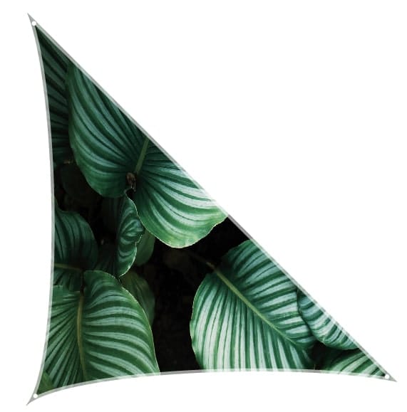 Driehoekig schaduwdoek met een bedrukking van groene bladeren