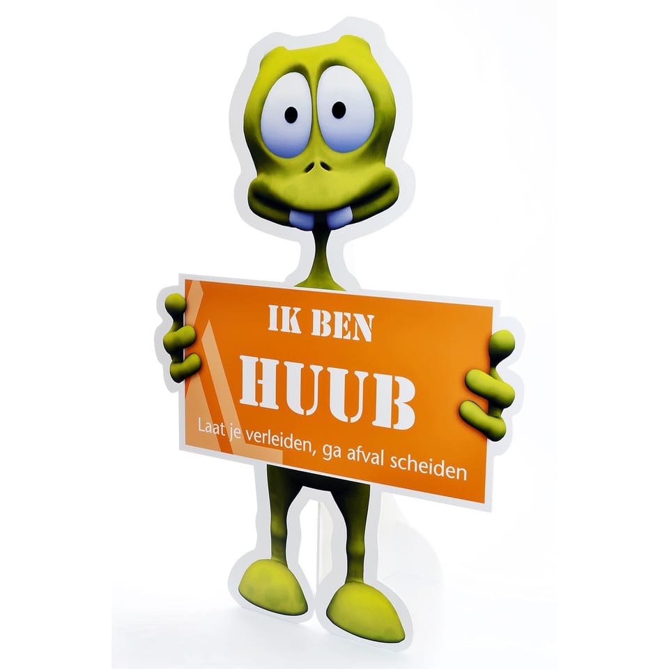 Zelfstaande cut-out van een groen stripfiguur met een oranje bord in de handen