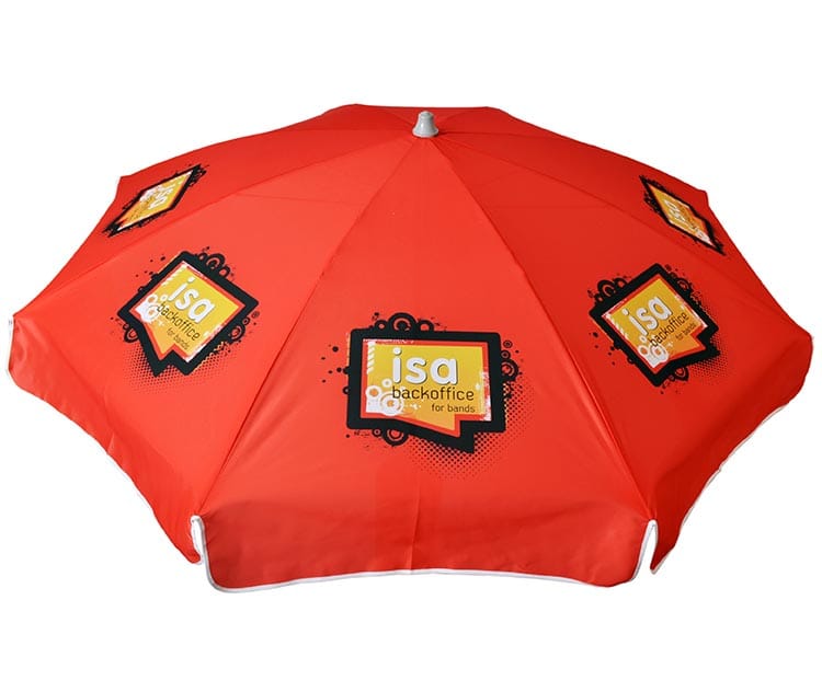 Rode parasol met op elke baan een full colour bedrukt logo