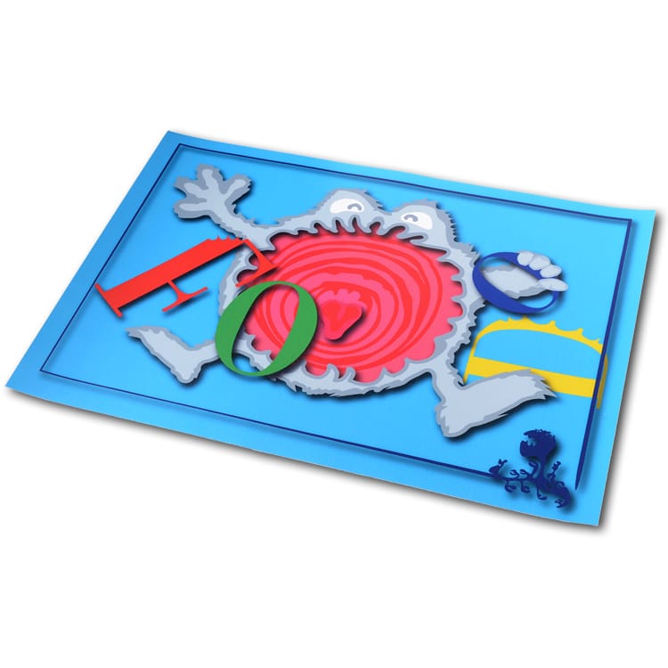 Rechthoekige placemat in full colour met een vrolijk monsterfiguur op blauwe achtergrond