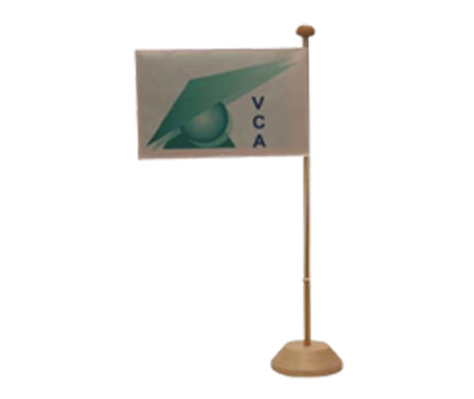 Tafelvlag met groen logo aan een houten mast op een houten voet