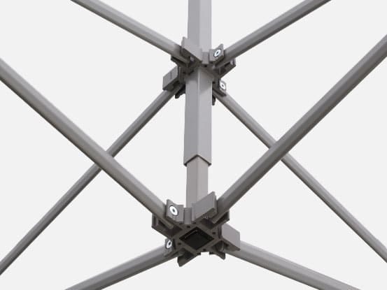 Detail van het aluminium vouwtentframe: kruisverbinding van de schaarstangen aan de poot