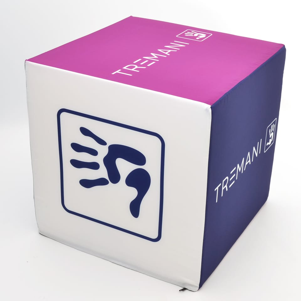 Poef met paars en wit ontwerp en een logo op elke zijde