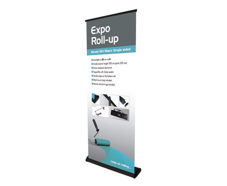 Roll-up banner op een zwarte cassette met groen-grijs ontwerp