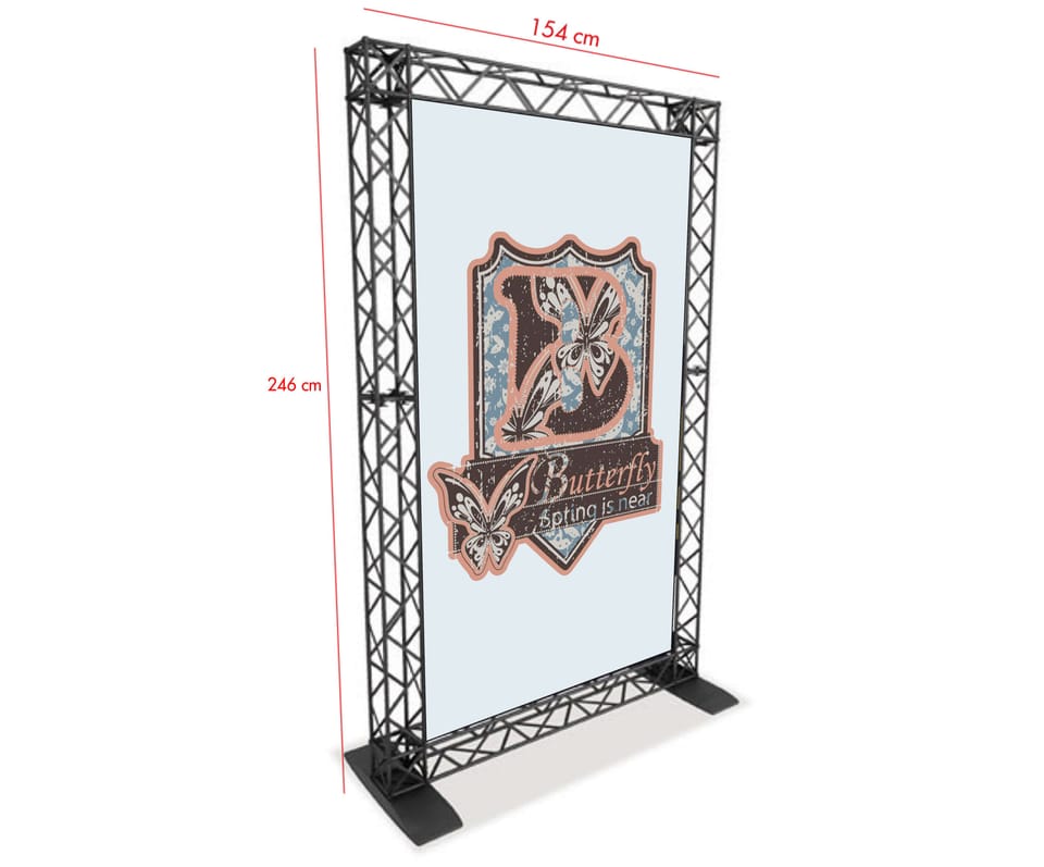 Staande truss met één bedrukt doek van 154 × 246 cm op twee voetplaten